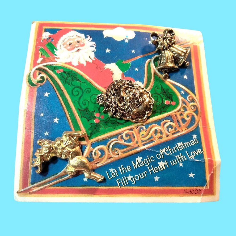 Cathedral Art Christmas Pinbacks Santa Reindeer Bells Mary Hood Vintage Pins
